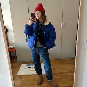 Blue Puffer Jacket with Faux Fur Collar